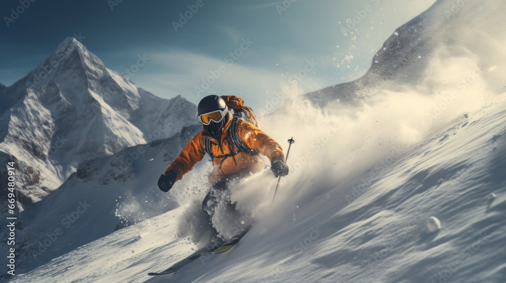 A skilled skier racing down a steep slope, snow spray trailing behind, with a stunning winter mountain backdrop, winter sports. generative ai - obrazy, fototapety, plakaty 