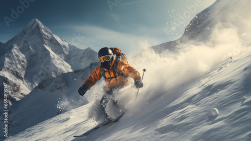 A skilled skier racing down a steep slope, snow spray trailing behind, with a stunning winter mountain backdrop, winter sports. generative ai photo