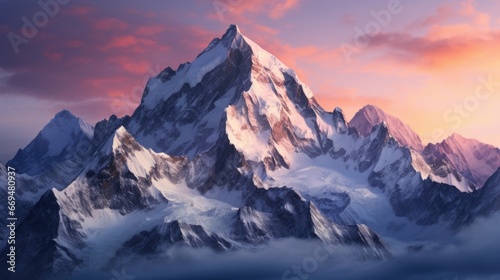 A snow-covered mountain range, bathed in the soft glow of dawn, creating a majestic winter landscape. generative ai