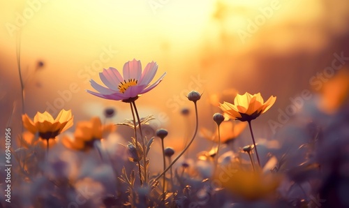 flower in morning spring gold sunrise, Generative AI