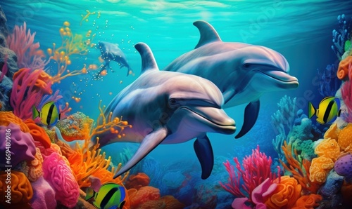 group of dolphins in colorful underwater, Generative AI © Focus Fables