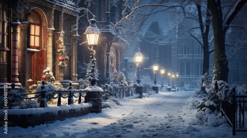 A winter street covered in a fresh blanket of snow, with softly glowing street lamps and historic architecture, creating a nostalgic and peaceful winter cityscape. generative ai