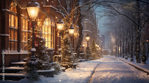 A winter street covered in a fresh blanket of snow, with softly glowing street lamps and historic architecture, creating a nostalgic and peaceful winter cityscape. generative ai © MoreThanProd