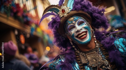 Man in Mardi Gras parade in mask costumes, dancing and celebrating on city street. Smile and fun atmosphere and colorful festive and joyful spirit Mardi Gras. generative ai