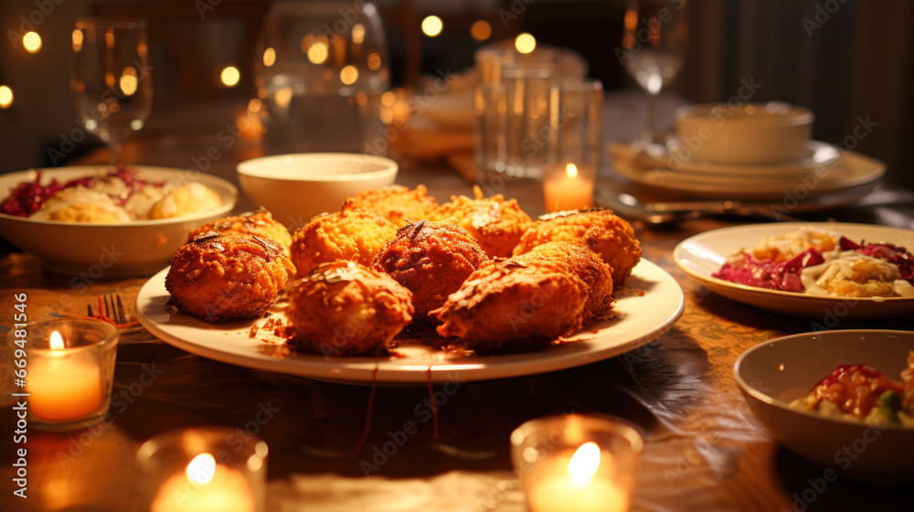 An exquisite Hanukkah feast is laid out on a beautifully set table, featuring traditional dishes like potato latkes and sufganiyot. The candles of the menorah delicious holiday meal. generative ai
