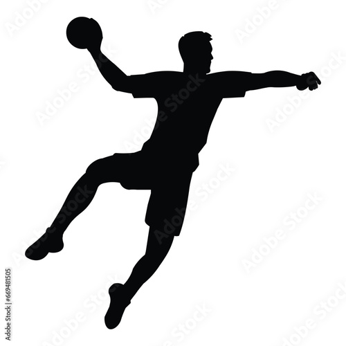 Black silhouette of a handball player who jumps high to throw the ball
