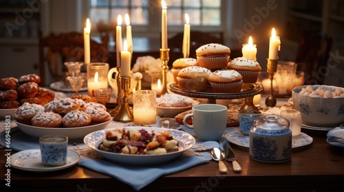 An exquisite Hanukkah feast is laid out on a beautifully set table  featuring traditional dishes like potato latkes and sufganiyot. The candles of the menorah delicious holiday meal. generative ai