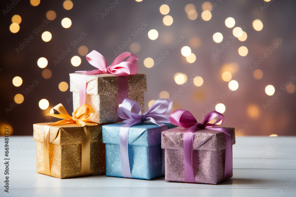 Isolated image of a gift box with bows. A gift box symbolizes a holiday, birthday, New Year, Christmas. The image is suitable as a greeting card and congratulatory text.
