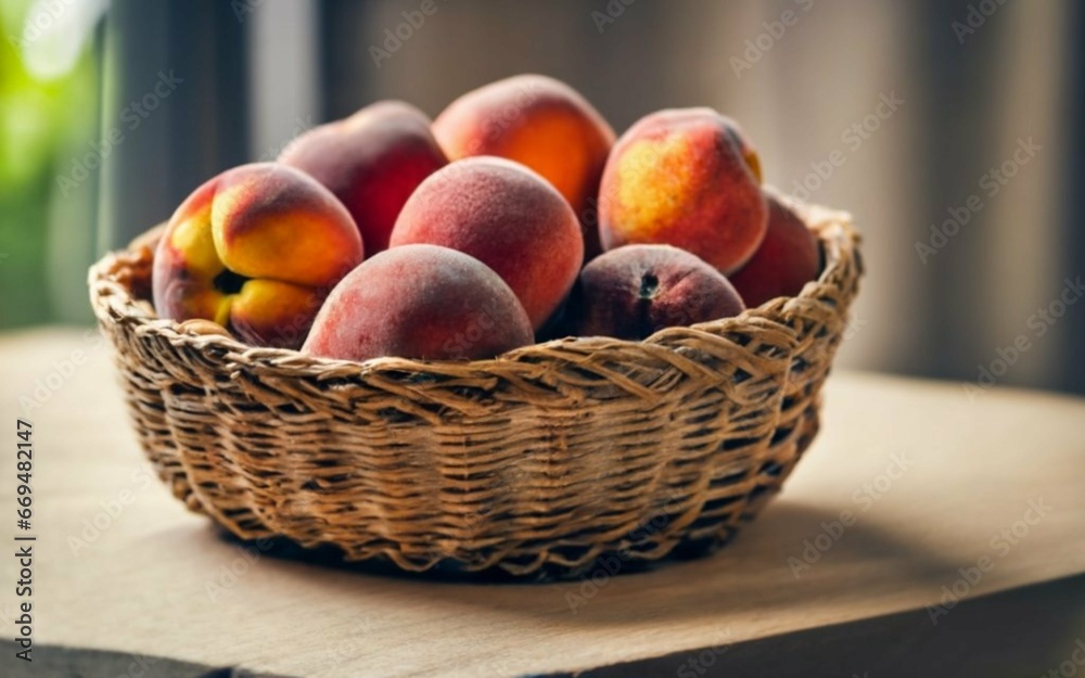 Jute basket with beautiful and tasty peaches on a table. Created with generative Ai technology. Jute basket with beautiful and tasty peaches on a table. Created with generative Ai technology.