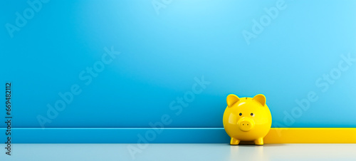 Yellow piggy bank in the corner of a room, blue wall, For art texture, presentation design or web design and web background. Generative AI. photo