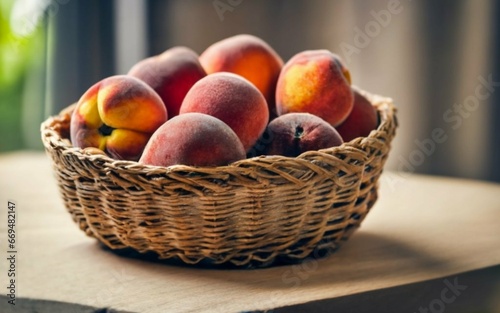 Jute basket with beautiful and tasty peaches on a table. Created with generative Ai technology.
