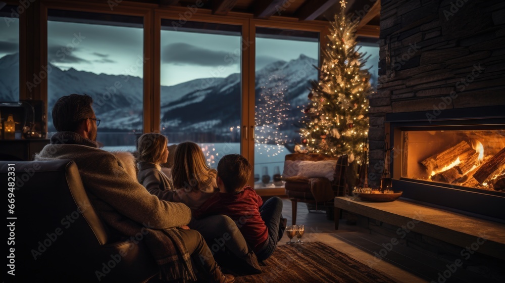 A joyful family, cozy cabin house, decorate Christmas tree twinkling lights, Happy New Year. Family is sitting by the fireplace, panoramic windows, snow-covered mountains. generative ai