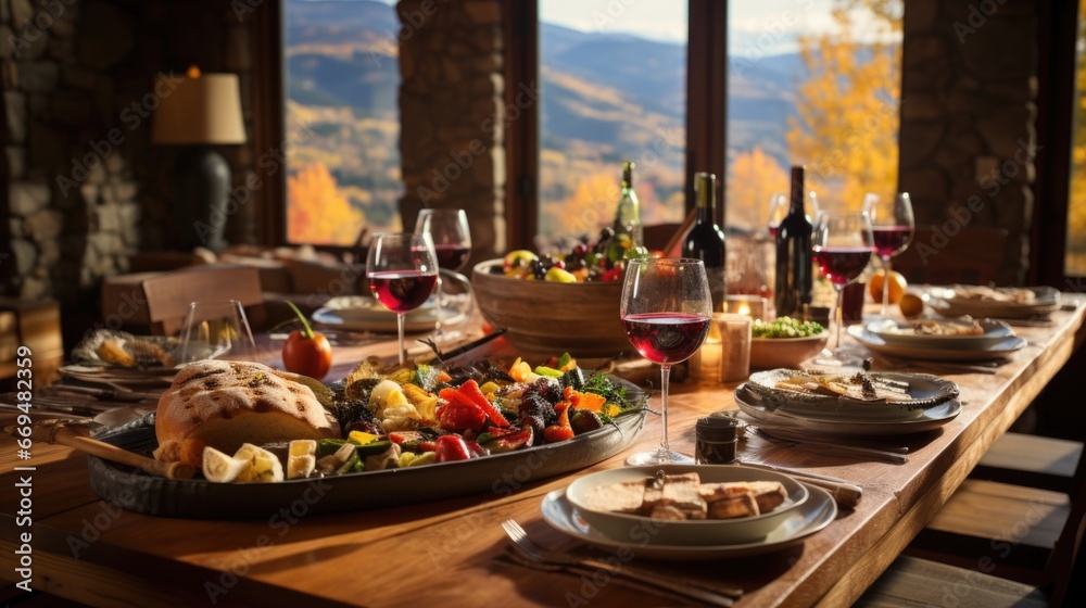 In a rustic mountain cabin, Thanksgiving celebration. A long wooden table is set with a traditional Thanksgiving spread, and the room is adorned with autumn decorations. generative ai