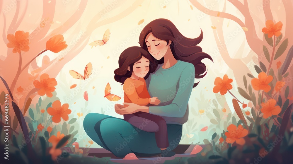 Mother's Day design illustration, a mother holding her beloved child in the park under a shady tree Mother's Day design illustration, a mother holding her beloved child in the park under a shady tree