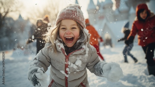 Portrait of a smiling girl, happy child. Kids enjoying a thrilling snowball fight in a snow-covered park, vibrant winter jackets, snowflakes mid-air. generative ai photo