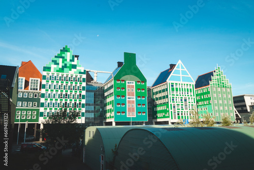 Colourful and unusual houses in Zaandam. Fairytale buildings with childish motifs. Unique Dutch architecture photo