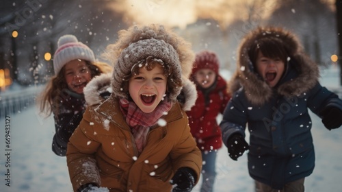 Portrait of a smiling girl, happy child. Kids enjoying a thrilling snowball fight in a snow-covered park, vibrant winter jackets, snowflakes mid-air. generative ai