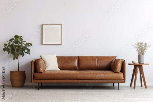 Minimalistic contemporary room with a neat design, showcasing a brown couch and a pristine rug. Generative AI