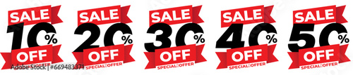 Discount label of a special offer with a different percentage of sales. 10, 20, 30, 40, 50 percent discount promotional discount badge logo design set of vector illustrations