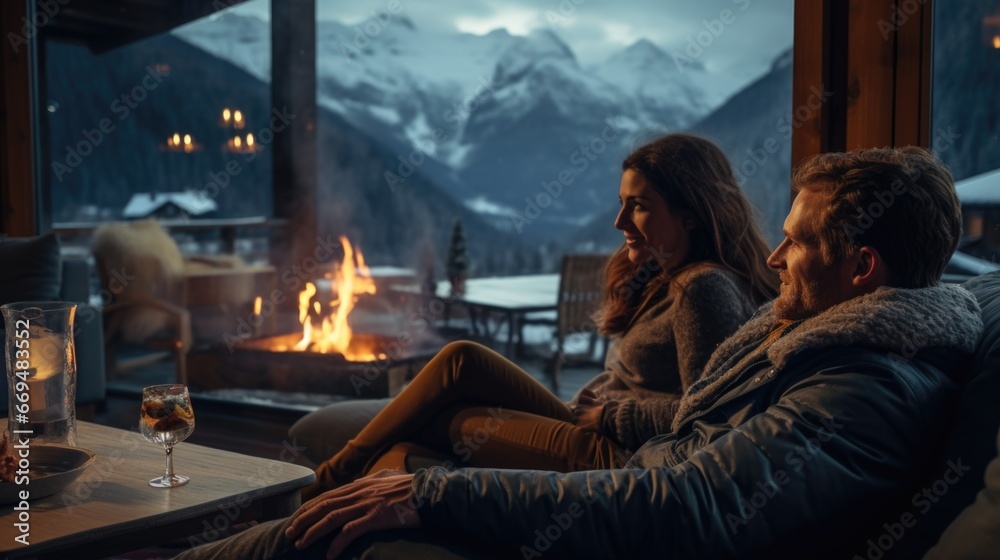 A joyful couple, cozy cabin house, decorate Christmas tree twinkling lights, Happy New Year. Man and woman sitting by the fireplace, panoramic windows, romantic love mountains. generative ai