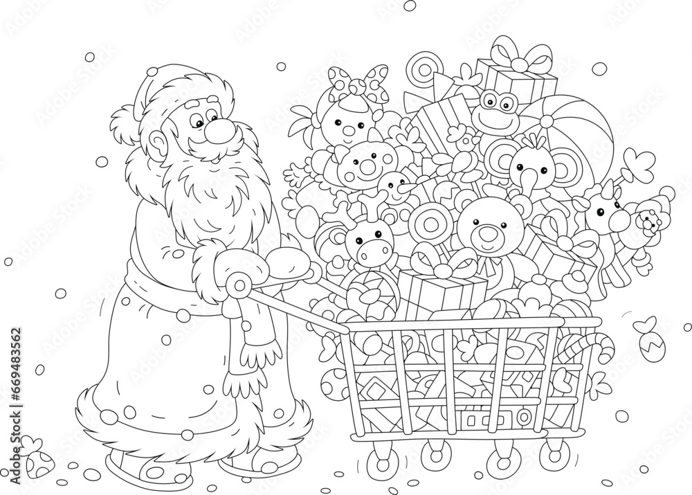 Happy Santa Claus with a shopping cart full of gifts and sweets for merry winter holidays, black and white outline vector cartoon illustration for a coloring book Happy Santa Claus with a shopping cart full of gifts and sweets for merry winter holidays, black and white outline vector cartoon illustration for a coloring book