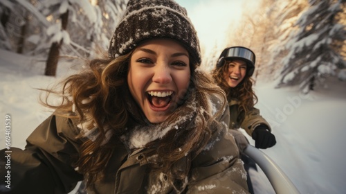 Girls friends sledding down a snow-covered hill, bundled up in winter gear, sled fresh powder behind them, capturing the exhilaration of a winter adventure. generative ai