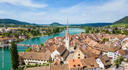 Aerial view of Stein am Rhein, a small town in northeastern Switzerland. It is known for its well-preserved medieval half-timbered houses with facade paintings,