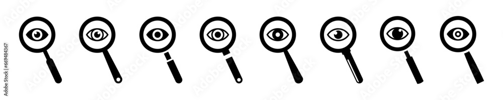 Set of magnifier with eyes vector icons. Focus, look or view. Vector 10 Eps. - obrazy, fototapety, plakaty 
