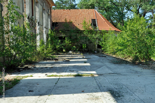 Zarośnięty dziko rosnącymi roślinami fragment zrujnowanego budynku kasyna wojskowego w Bornem - Sulinowie. Polska.  photo