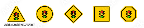 Set of yellow road signs warning traffic light. Attention ahead traffic light. Vector 10 Eps.