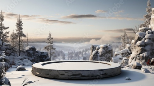 podium product stand or display with rock, snow, sky background and cinematic light