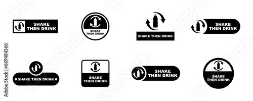 Set of shake bottle then drink black labels. Shake before use. Vector 10 Eps.