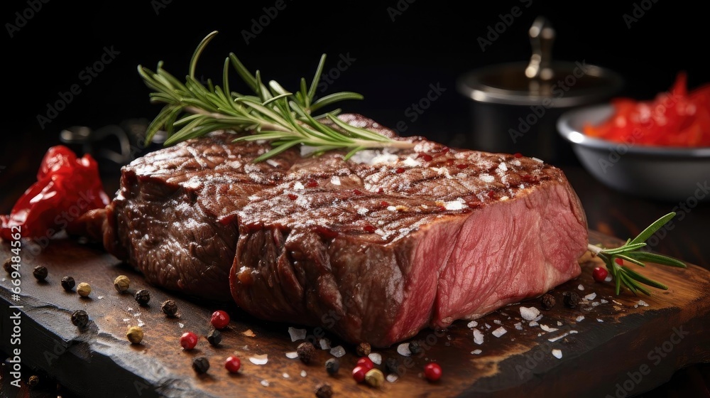 Grilled steak with melted barbeque sauce on a black and blurry background Grilled steak with melted barbeque sauce on a black and blurry background