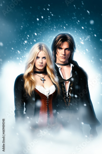 Beautiful winter fantasy couple, aristocrat couple, love fantasy, snowy tale, castle and forest