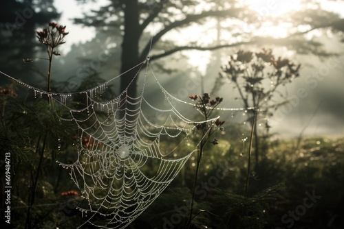 Dew-covered spider web in morning sunlight.