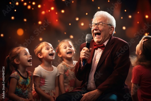 Elderly man animatedly narrating stories to children