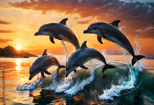 Dolphins jumping out of the water at sunset. Generative AI © Sergey Ilin