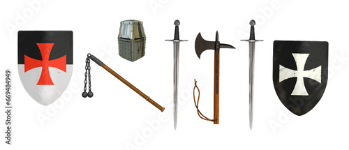 Drawing with knight's weapons sword, ax, mace, shield, helmet. photo