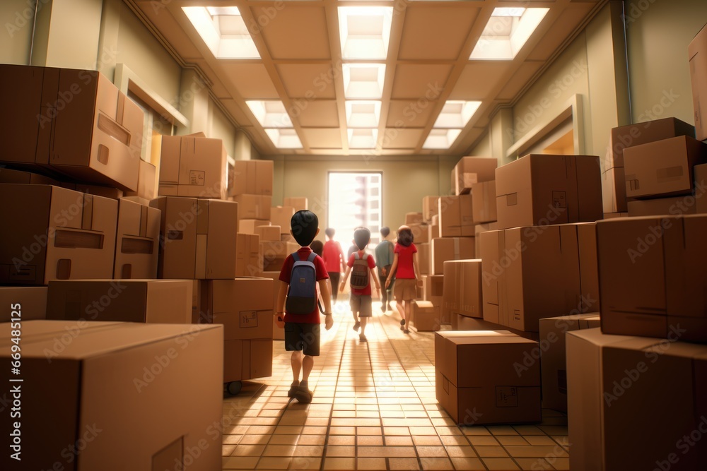 Children exploring a hallway filled with boxes - obrazy, fototapety, plakaty 