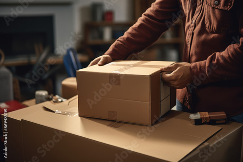 Close up of person’s hands unpacking cardboard box delivery photo