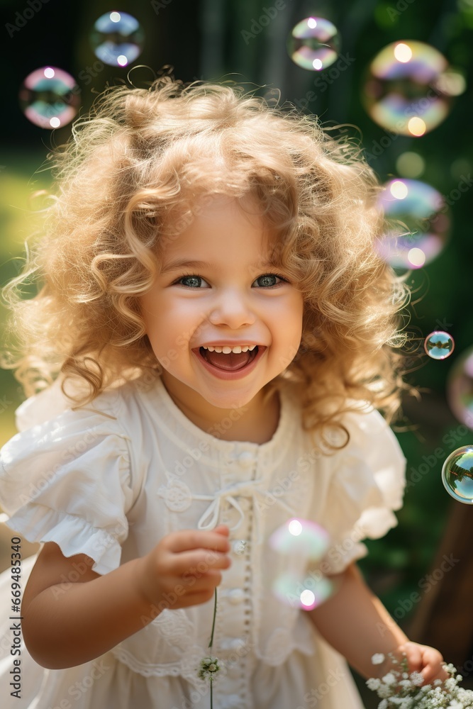 A joyful child plays with soap bubbles, Generative AI A joyful child plays with soap bubbles, Generative AI