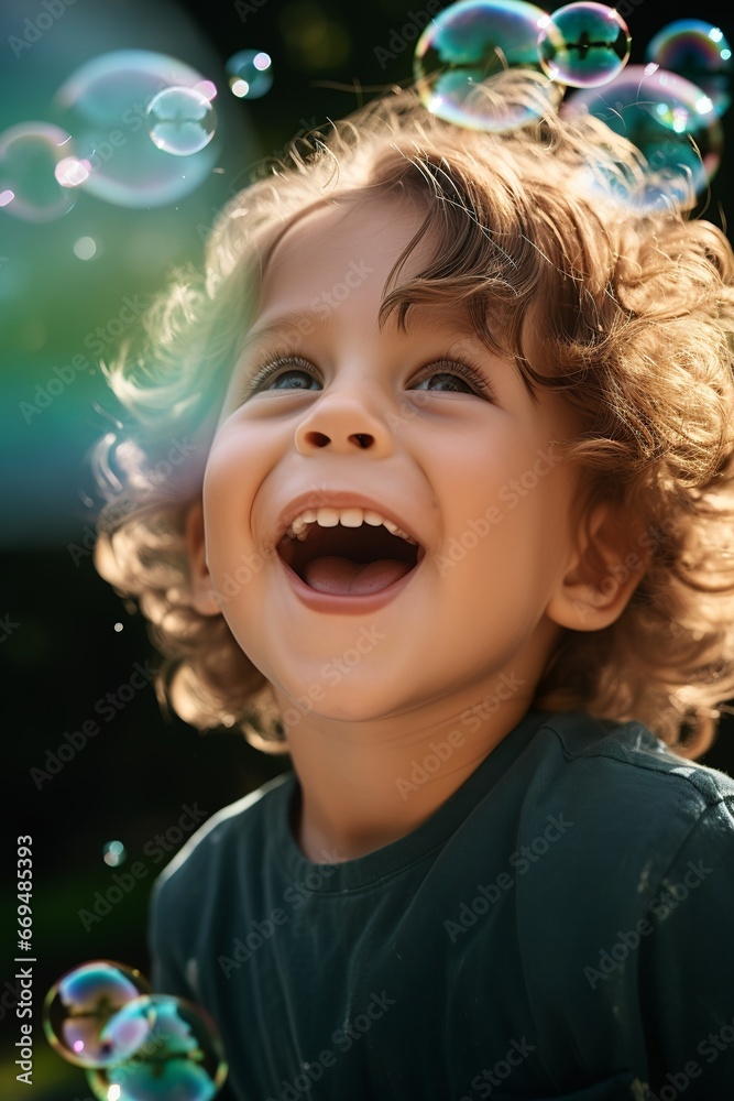 A joyful child plays with soap bubbles, Generative AI