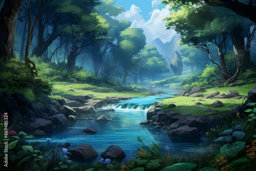 An artwork of an imaginary scenery featuring a flowing river and lush foliage. Generative AI