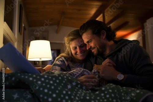 Cozy Evening at Home, Couple Cuddles While Watching a Movie on Their Laptop in the Bedroom