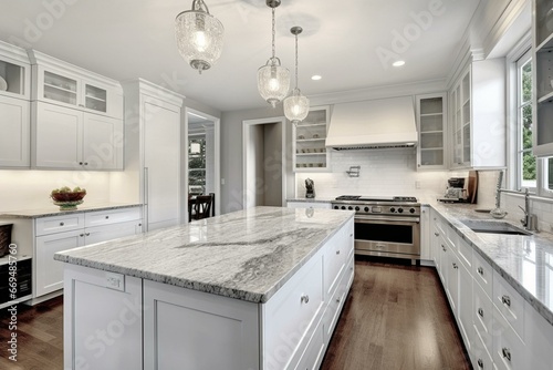 Bright, elegant kitchen with spacious marble countertop. Generative AI