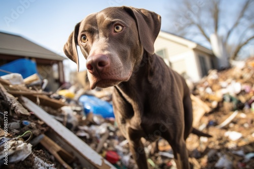 Happy dog surrounded by junk and trash outside house photo
