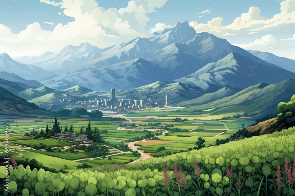 Floral scenery with mountains, rolling hills, and cultivated crops. Generative AI