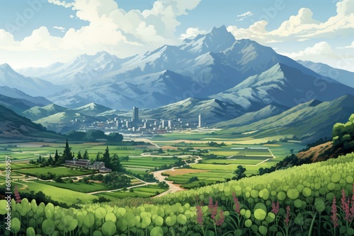 Floral scenery with mountains  rolling hills  and cultivated crops. Generative AI
