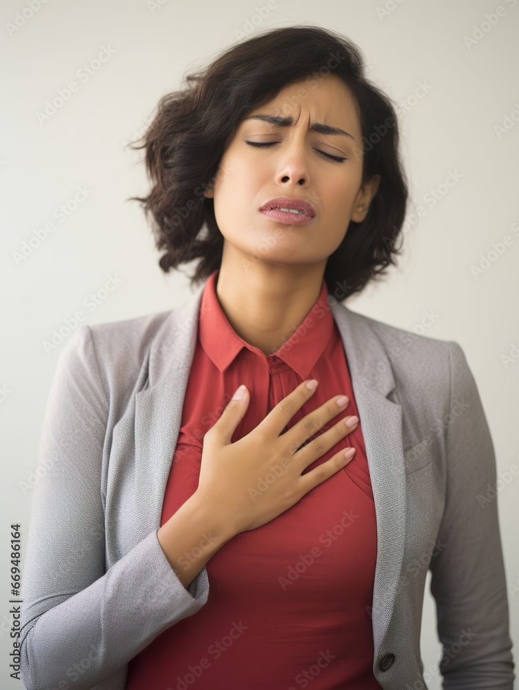 Female with chest pain. Woman suffering from heartburn or chest discomfort symptoms. Acid reflux or Gastroesophageal reflux disease (GERD) concept. Generative AI Female with chest pain. Woman suffering from heartburn or chest discomfort symptoms. Acid reflux or Gastroesophageal reflux disease (GERD) concept. Generative AI