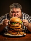 Fat man eating a large fast food hamburger. Junk food leads to obesity, diet failure. The concept of regular overeating. Generative AI
